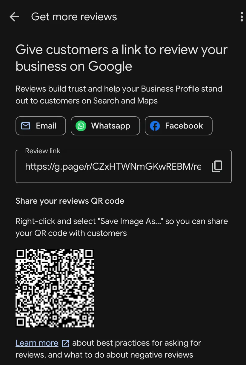 Google Business Profile's Get more reviews panel, with share buttons, a review link to copy and a QR code