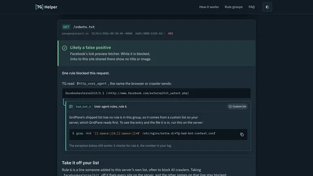 7G Helper — a blocked Facebook preview request, read as a likely false positive