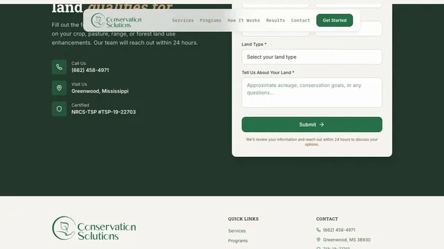 Conservation Solutions — contact form and footer