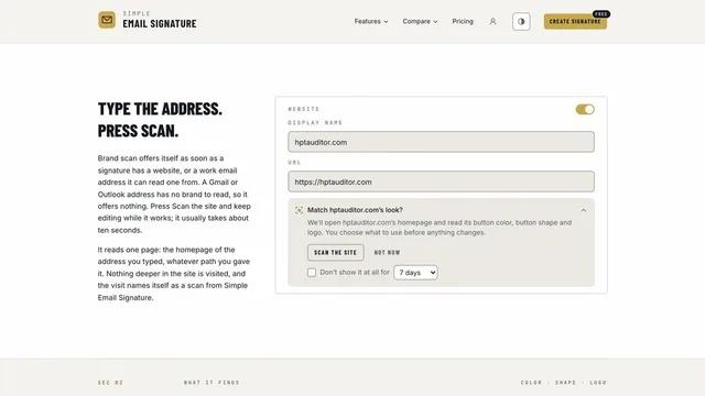 Simple Email Signature — brand scan, which reads a website for its color, button and logo
