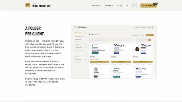 Simple Email Signature — the dashboard, with folders for every client