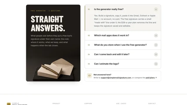 Simple Email Signature — the generator’s questions, answered beside a still life