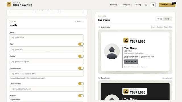 Simple Email Signature — the free generator, with its live light and dark inbox preview