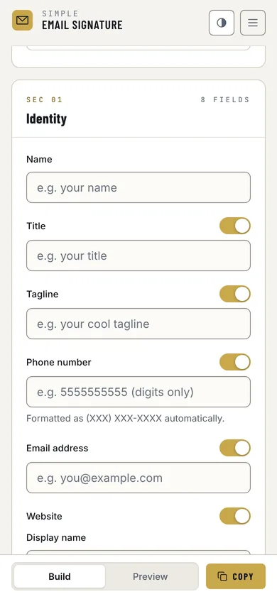 Simple Email Signature — mobile generator form