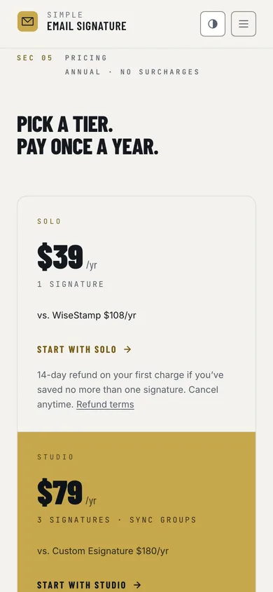 Simple Email Signature — mobile pricing tiers