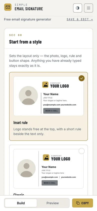 Simple Email Signature — mobile starting styles