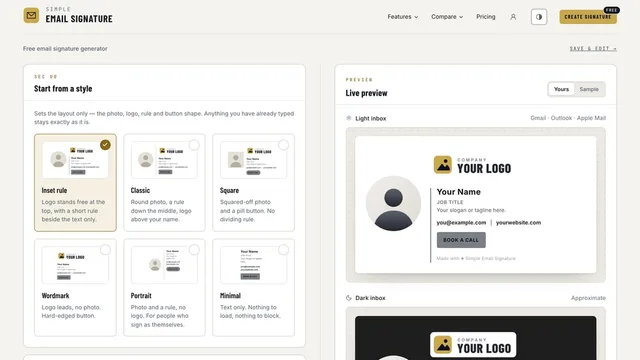 Simple Email Signature — six starting styles, drawn by the real renderer