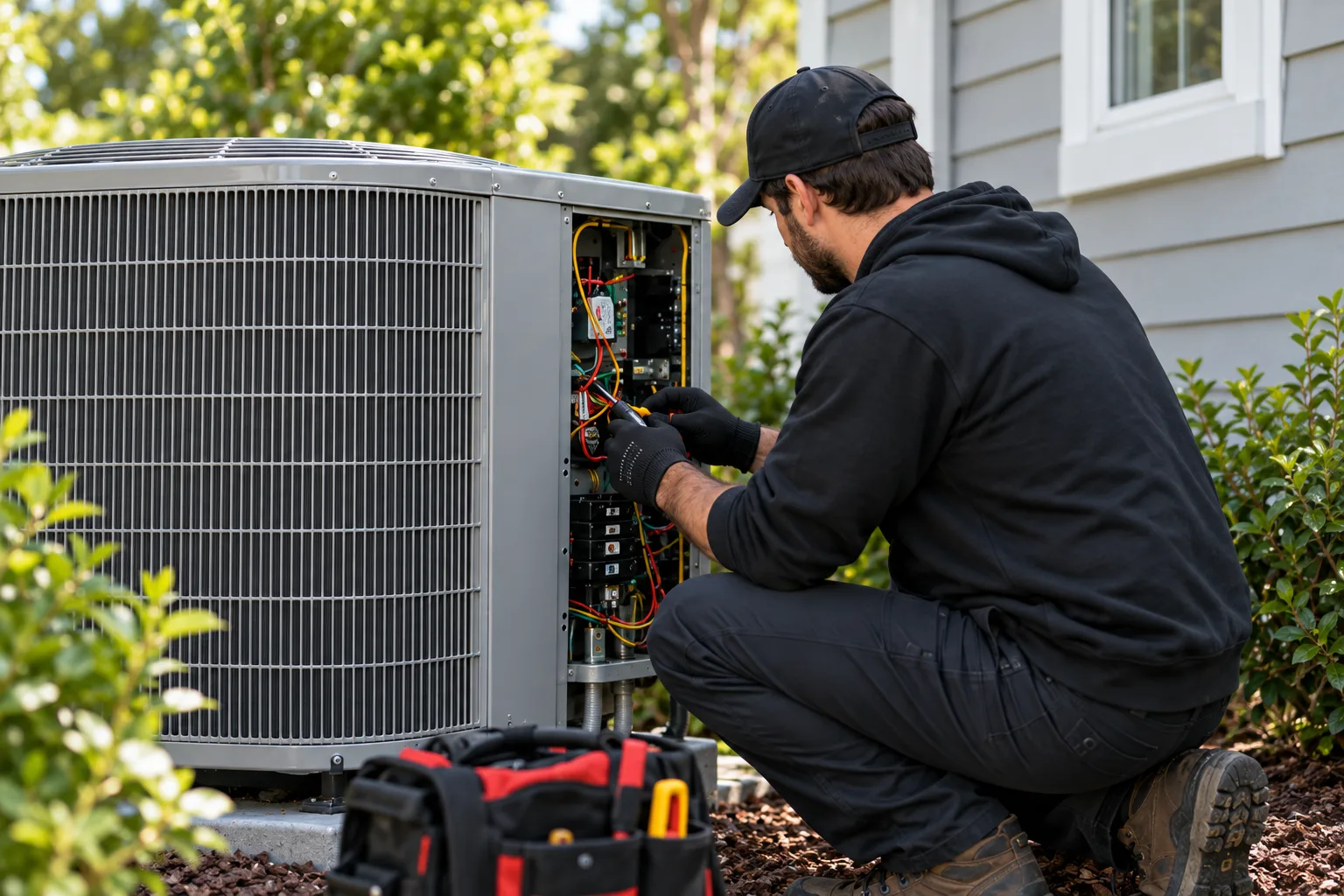 Illustration of an HVAC technician focused on a repair